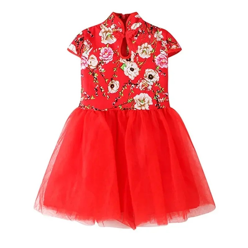 Summer Red Chinese Style Dress Girl Qipao Performance Children Clothing Vestidos Fashion Cheongsam Mesh Kids Princes